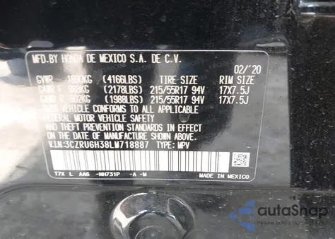 2020 Honda Hr-V Awd Lx from USA, damaged, VIN 3CZRU6H38LM718887